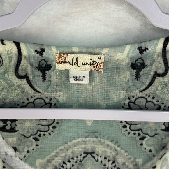 World Unity Womens Sage Green Navy Paisley Scoop Neck Rhinestone Knit Top Medium - Picture 3 of 7